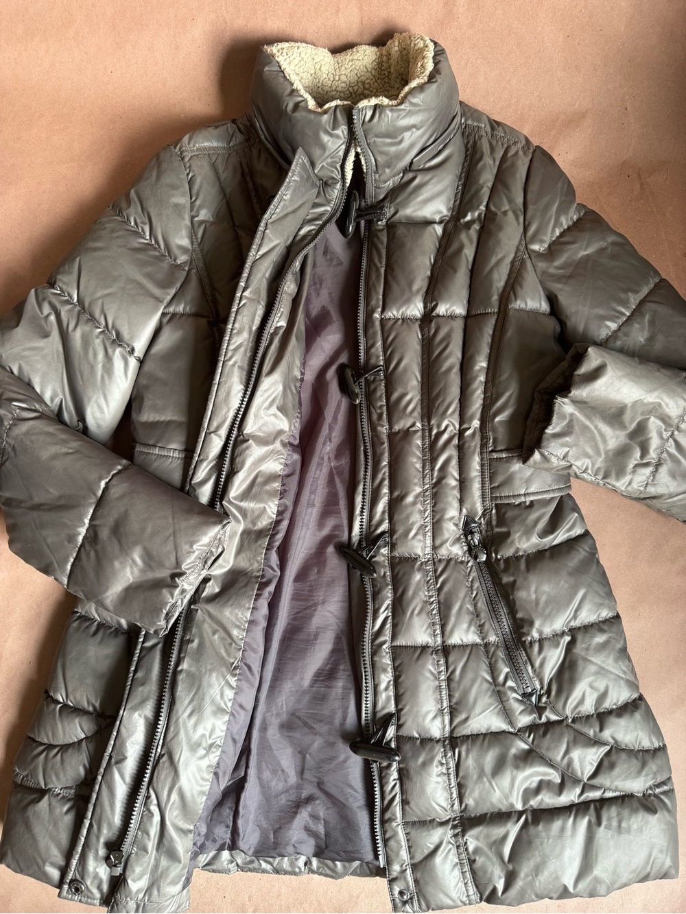 Laundry Pewter Puffer Coat w/ Removable Fur Hood